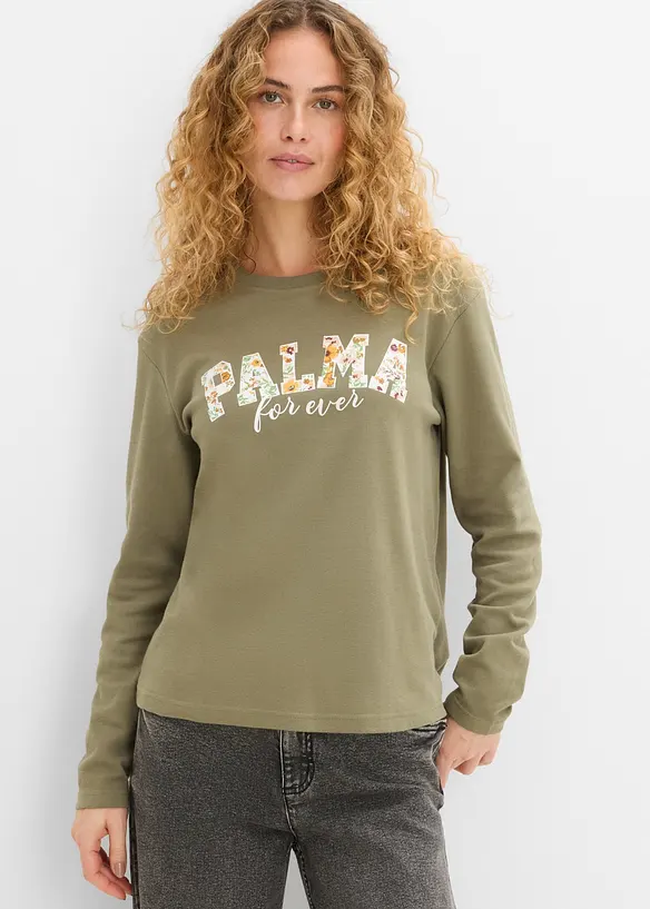 Langarmshirt aus purer Baumwolle in grün von vorne (im Anschnitt) - bonprix