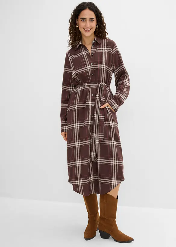 Flanell-Midikleid aus reiner Baumwolle in braun von vorne (Totalaufnahme) - bonprix