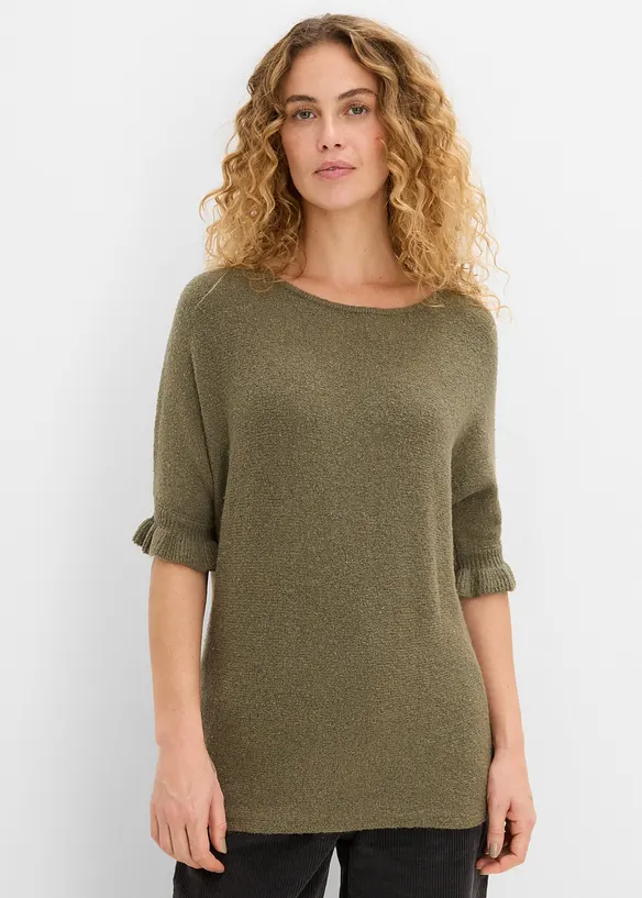 Pullover aus Baumwoll-Mix mit Volant-Ärmeln in grün von vorne (im Anschnitt) - bonprix