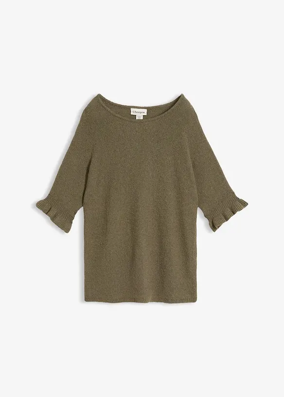 Pullover aus Baumwoll-Mix mit Volant-Ärmeln in grün von vorne - bonprix