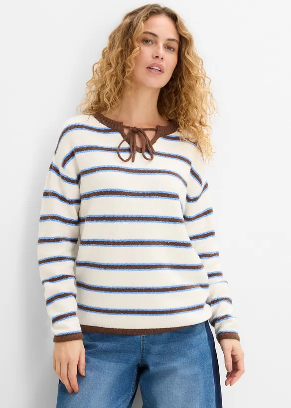 Pullover aus Baumwoll-Mix mit Bindelösung in weiß von vorne (im Anschnitt) - bonprix