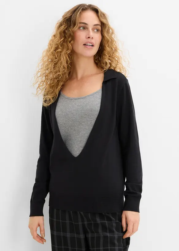 Feinstrickpullover im Layering-Look aus Viskose-Mix in schwarz von vorne (im Anschnitt) - bonprix