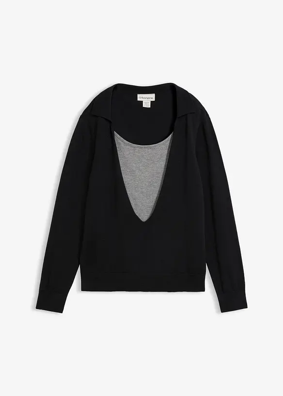 Feinstrickpullover im Layering-Look aus Viskose-Mix in schwarz von vorne - bonprix