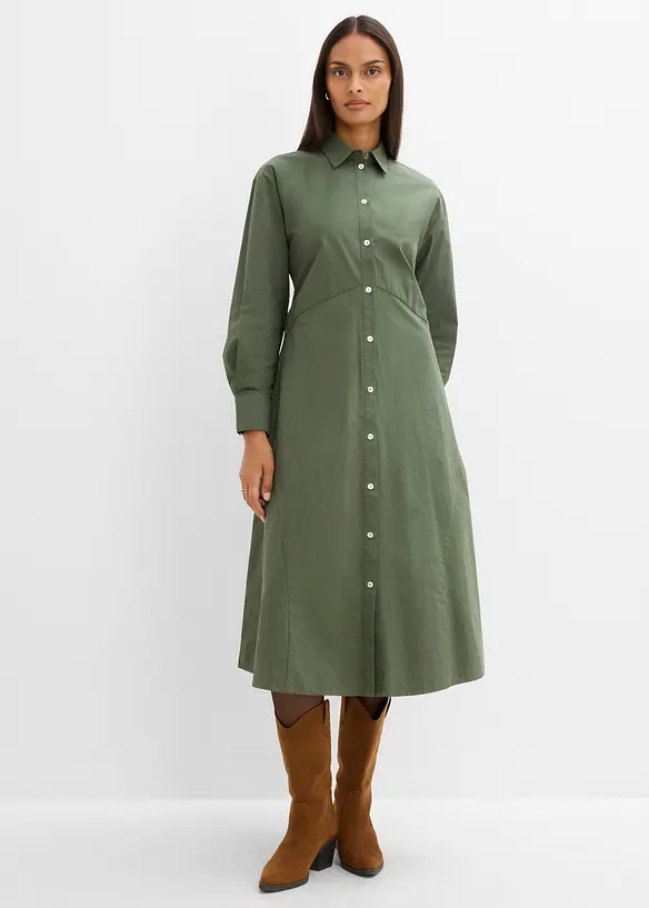 Hemdblusenkleid mit Bindedetail aus reiner Baumwolle in grün von vorne (Totalaufnahme) - bonprix Hemdblusenkleid mit Bindedetail aus reiner Baumwolle in grün von vorne (Totalaufnahme) - bonprix