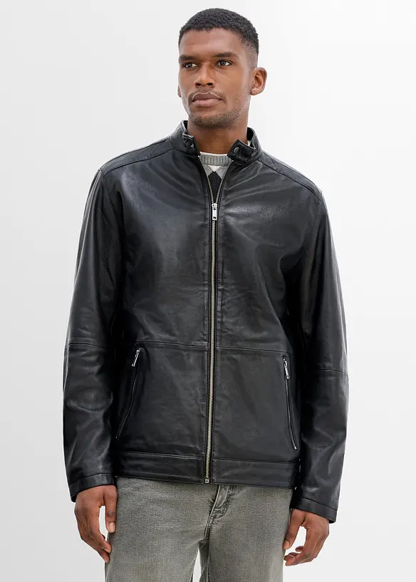 Lederjacke aus Lammnappa mit Reißverschluss-Taschen in schwarz von vorne (im Anschnitt) - bonprix