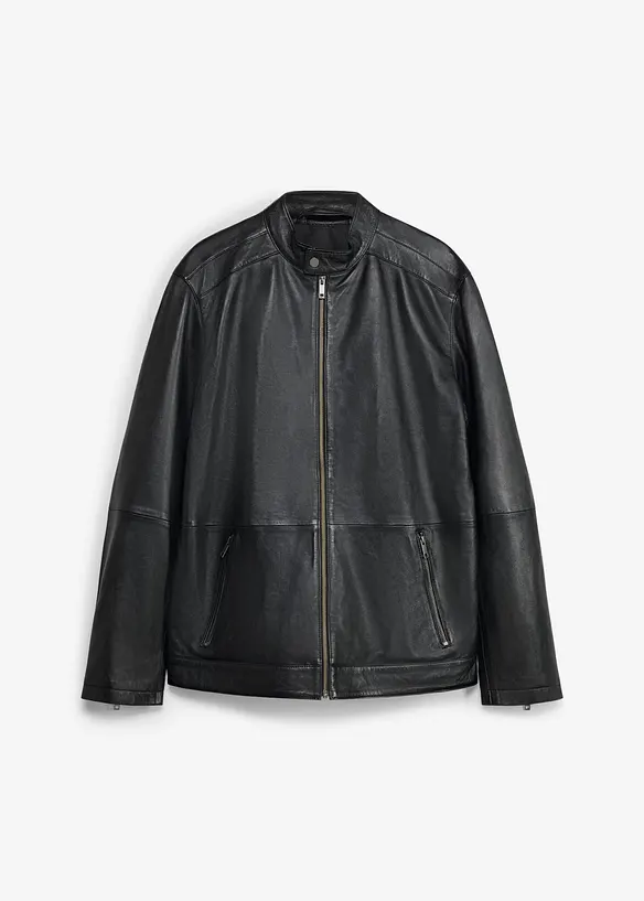 Lederjacke aus Lammnappa mit Reißverschluss-Taschen in schwarz von vorne - bonprix