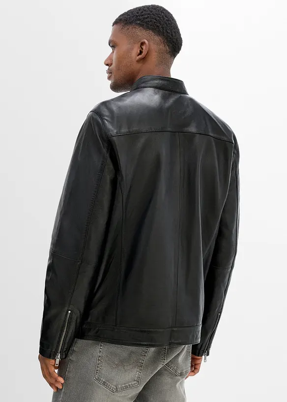 Lederjacke aus Lammnappa mit Reißverschluss-Taschen in schwarz von hinten (im Anschnitt) - bonprix