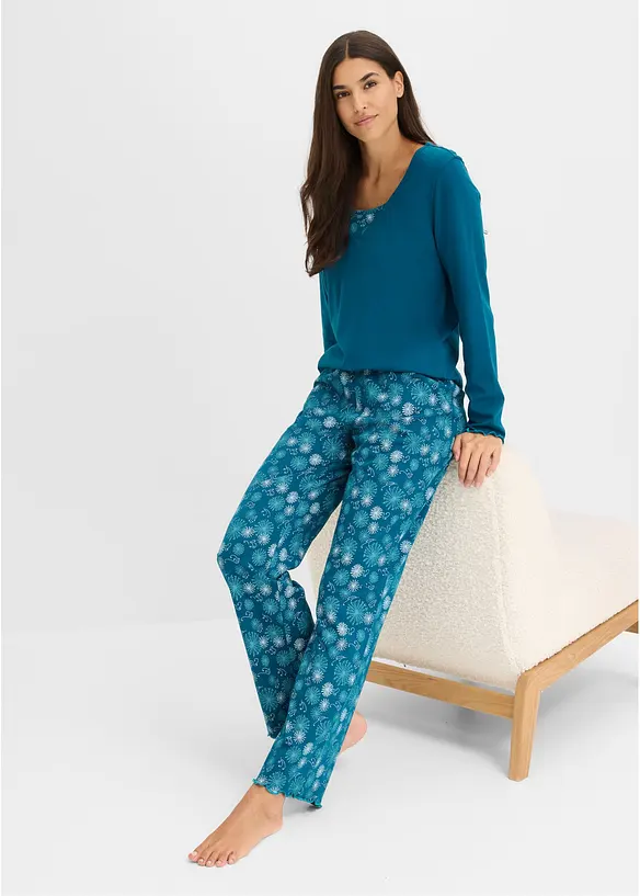 Pyjama aus reiner Bio-Baumwolle in petrol im Look von vorne (Totalaufnahme) - bonprix
