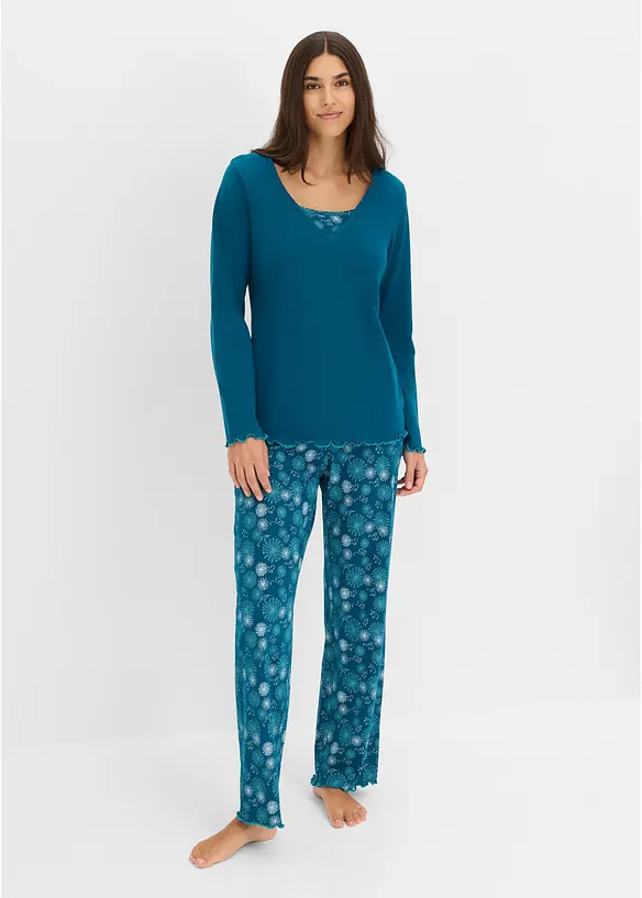 Pyjama aus reiner Bio-Baumwolle in petrol von vorne (Totalaufnahme) - bonprix