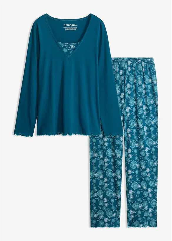 Pyjama aus reiner Bio-Baumwolle in petrol von vorne - bonprix