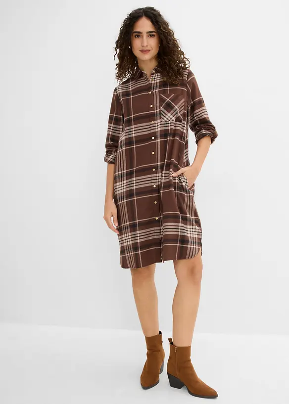 Hemdblusenkleid aus reiner Baumwolle in braun von vorne (Totalaufnahme) - bonprix