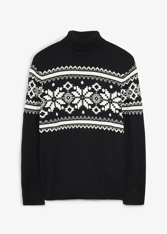 Norweger-Rollkragenpullover aus reiner Baumwolle in schwarz von vorne - bonprix