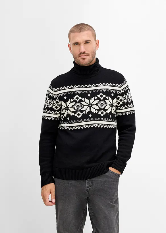 Norweger-Rollkragenpullover aus reiner Baumwolle in schwarz von vorne (im Anschnitt) - bonprix