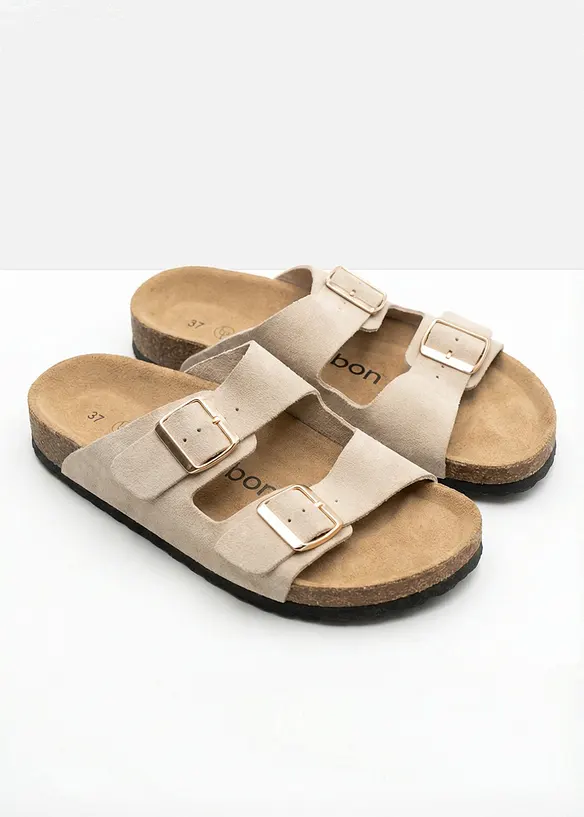 Pantoletten aus Veloursleder in beige - bonprix