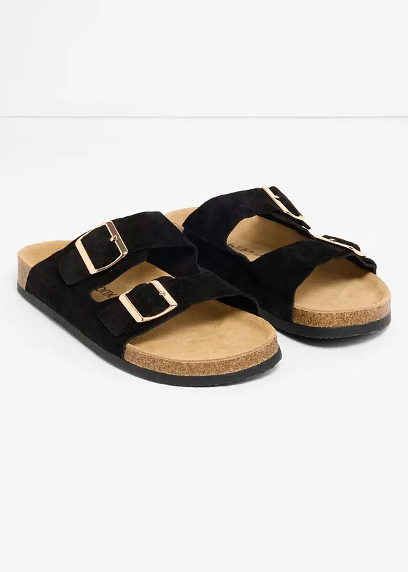 Pantoletten aus Veloursleder in schwarz - bonprix
