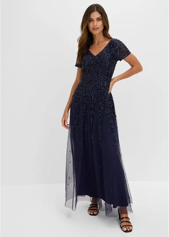 Kleid mit Pailletten in blau von vorne (Totalaufnahme) - bonprix Kleid mit Pailletten in blau von vorne (Totalaufnahme) - bonprix