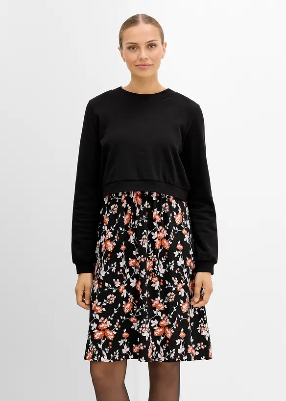 Set aus Umstands- und Stillkleid mit Sweatshirt (2-teiliges Set) in schwarz von vorne (Totalaufnahme) - bonprix