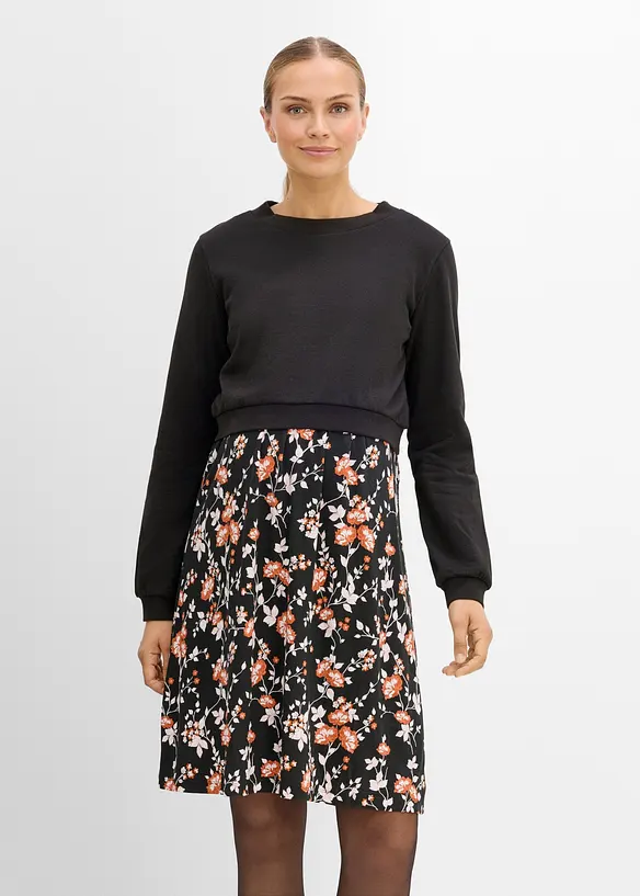 Set aus Umstands- und Stillkleid mit Sweatshirt (2-teiliges Set) in schwarz von vorne (Totalaufnahme) - bonprix