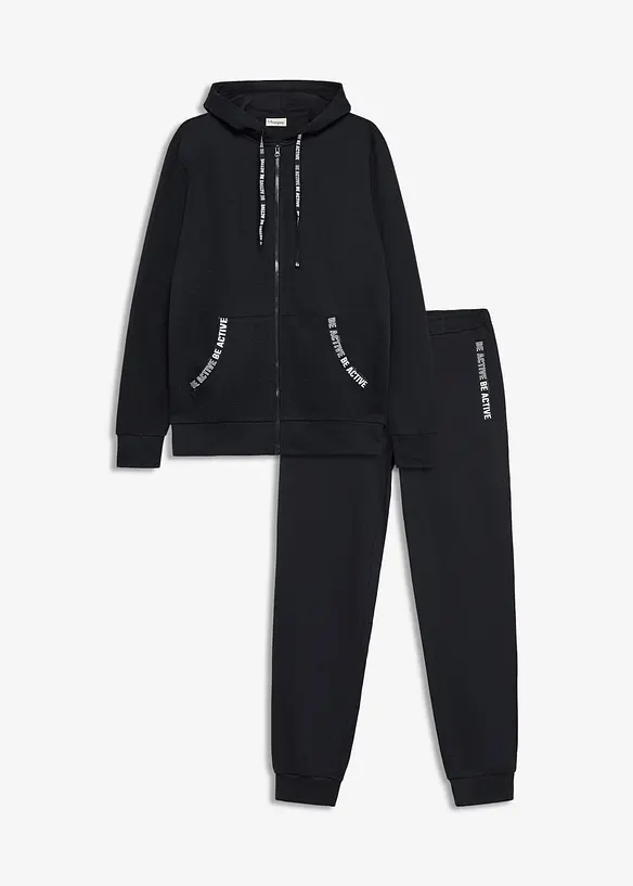Jogginganzug mit Details aus weichem Baumwollmix (2-tlg. Set) in schwarz von vorne - bonprix