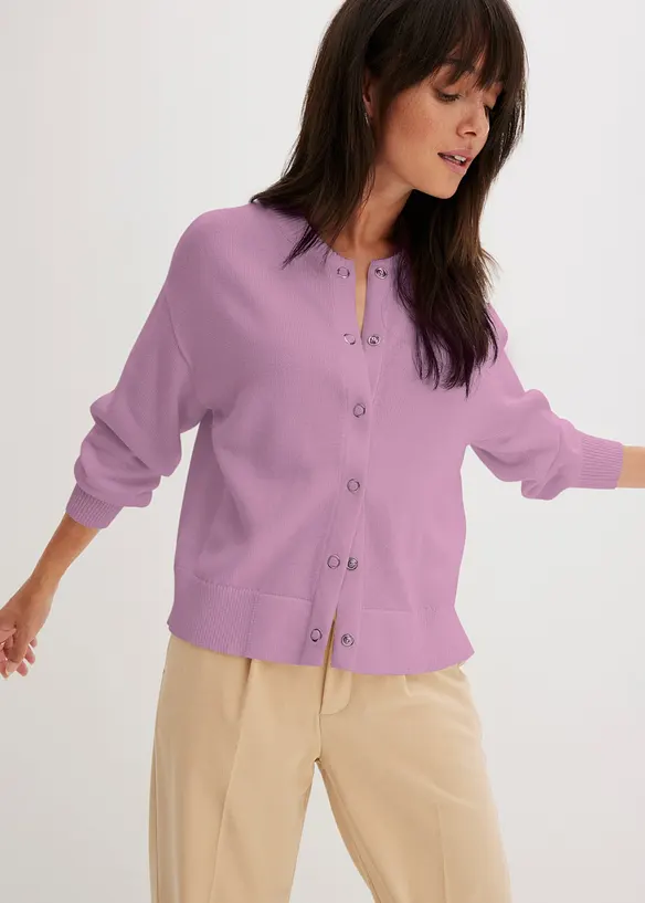 Strickjacke aus reiner Baumwolle in lila von vorne (im Anschnitt) - bonprix