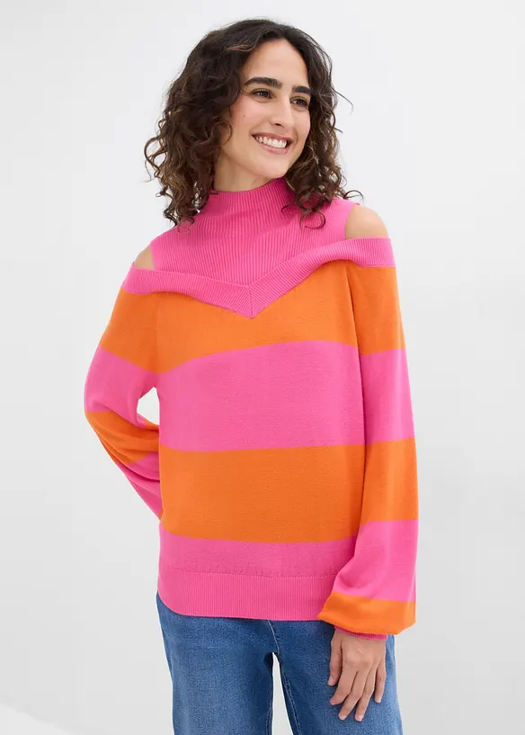 Feinstrickpullover, schulterfrei in pink von vorne (im Anschnitt) - bonprix