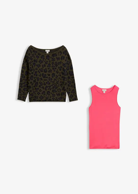 Pullover und Top aus Baumwoll-Mix (2-tlg. Set) in grün von vorne - bonprix