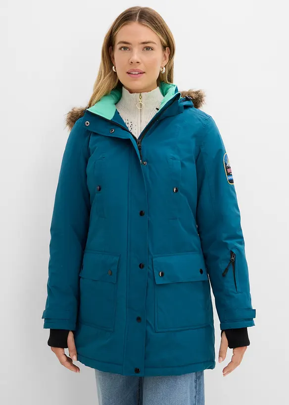 wasserdichte Funktions-Outdoor-Longjacke mit Kapuze in petrol von vorne (im Anschnitt) - bonprix