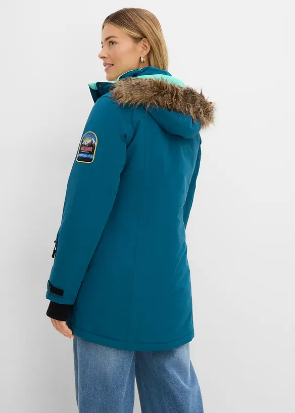 wasserdichte Funktions-Outdoor-Longjacke mit Kapuze in petrol von hinten (im Anschnitt) - bonprix