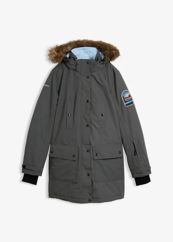 wasserdichte Funktions-Outdoor-Longjacke mit Kapuze in grau von vorne - bonprix