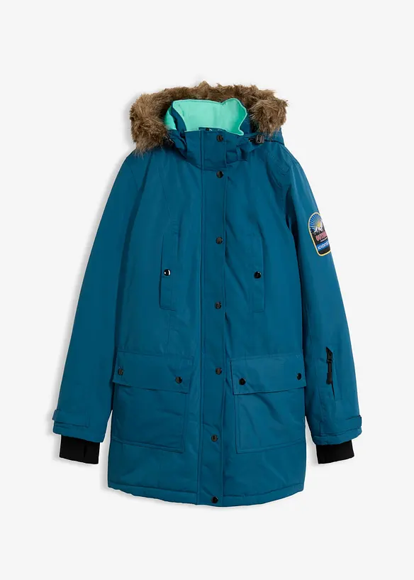 wasserdichte Funktions-Outdoor-Longjacke mit Kapuze in petrol von vorne - bonprix