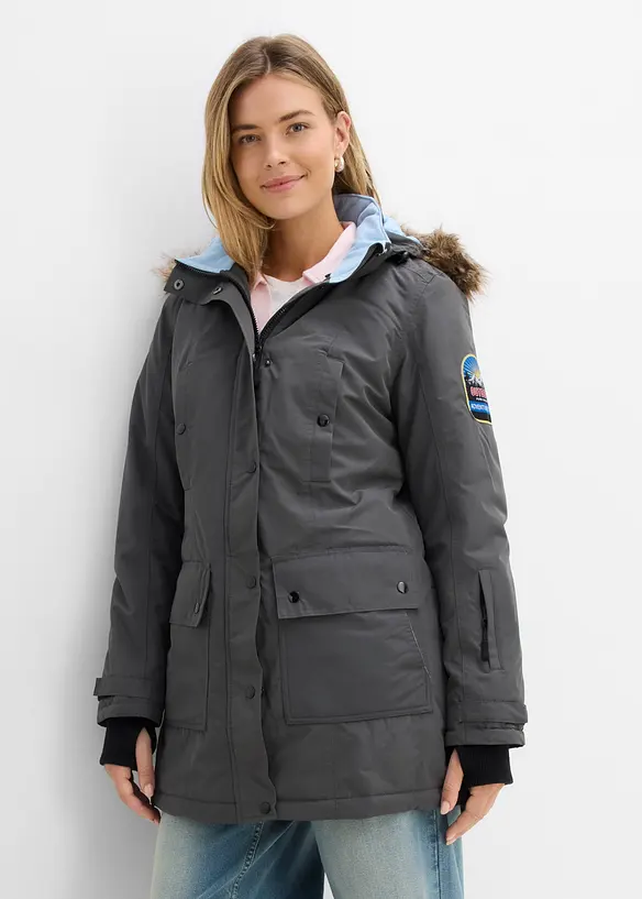 wasserdichte Funktions-Outdoor-Longjacke mit Kapuze in grau von vorne (im Anschnitt) - bonprix