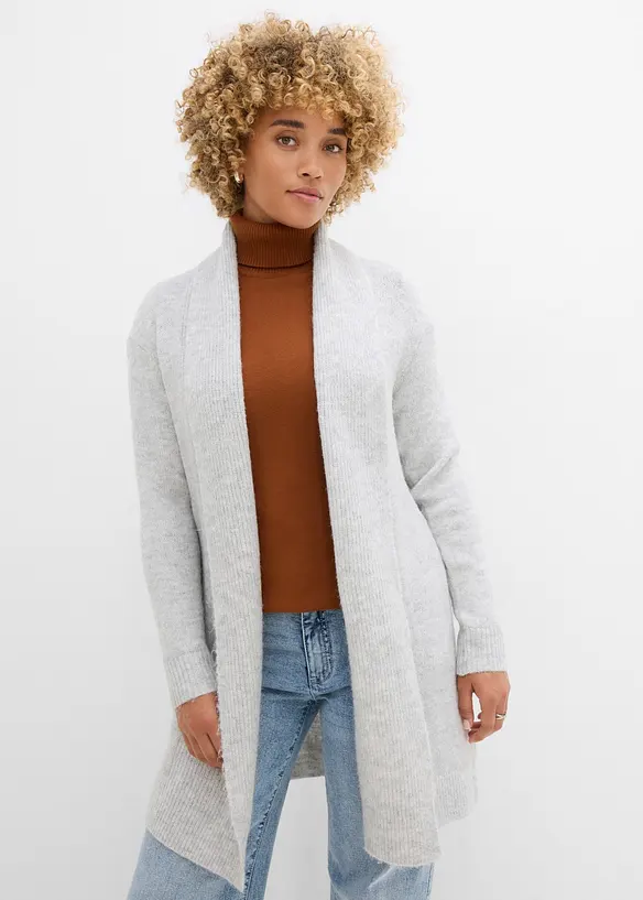 Longstrickjacke mit Schalkragen in grau von vorne (im Anschnitt) - bonprix