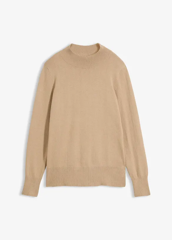 Feinstrickpullover mit recycelter Baumwolle in beige von vorne - bonprix