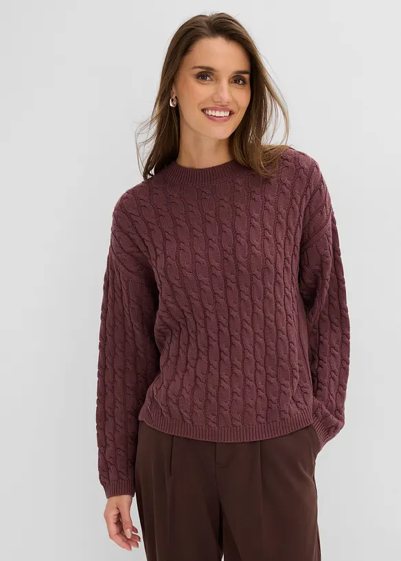 Pullover mit Zopfmuster in lila von vorne (im Anschnitt) - bonprix