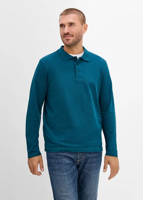 Piqué-Poloshirt, Langarm in petrol von vorne (im Anschnitt) - bonprix