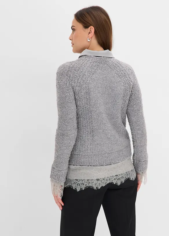 Pullover mit Bluseneinsatz in grau von hinten (im Anschnitt) - bonprix
