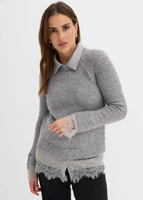 Pullover mit Bluseneinsatz in grau von vorne (im Anschnitt) - bonprix