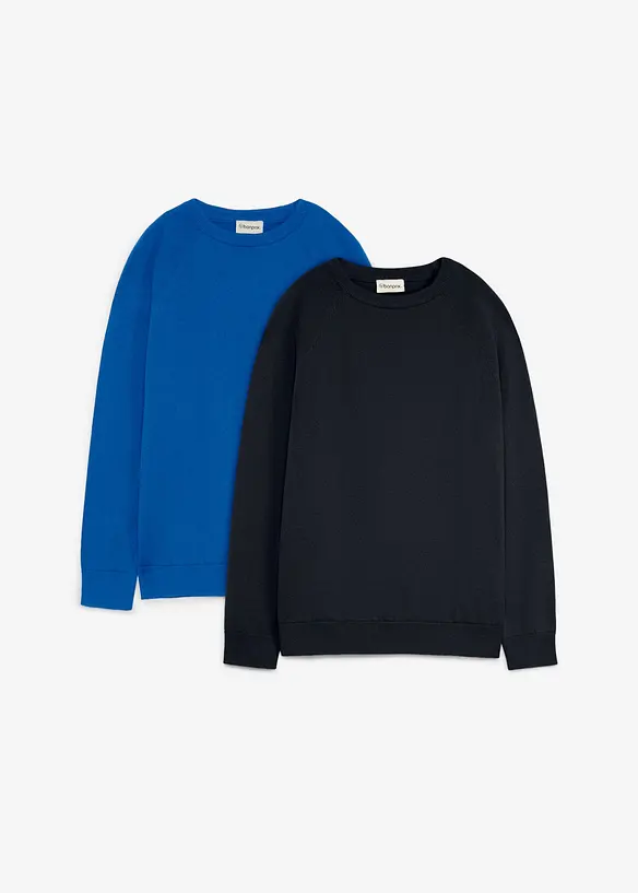 Feinstrickpullover aus reiner Baumwolle (2er Pack) in blau von vorne - bonprix