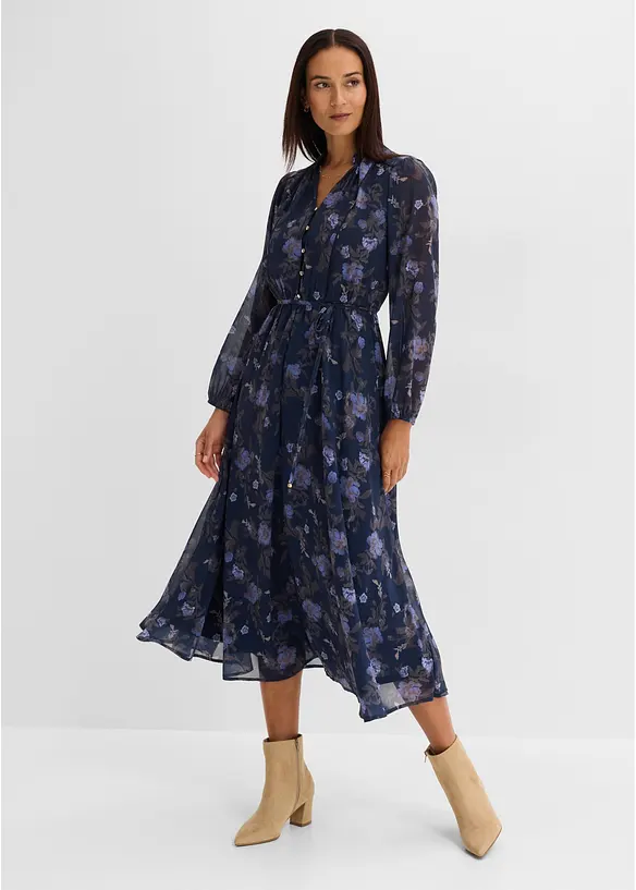 Midi-Chiffonkleid in blau von vorne (Totalaufnahme) - bonprix