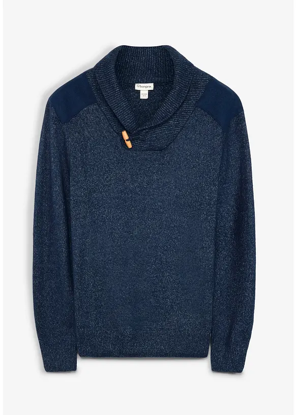 Feinstrickpullover mit Schalkragen in blau von vorne - bonprix