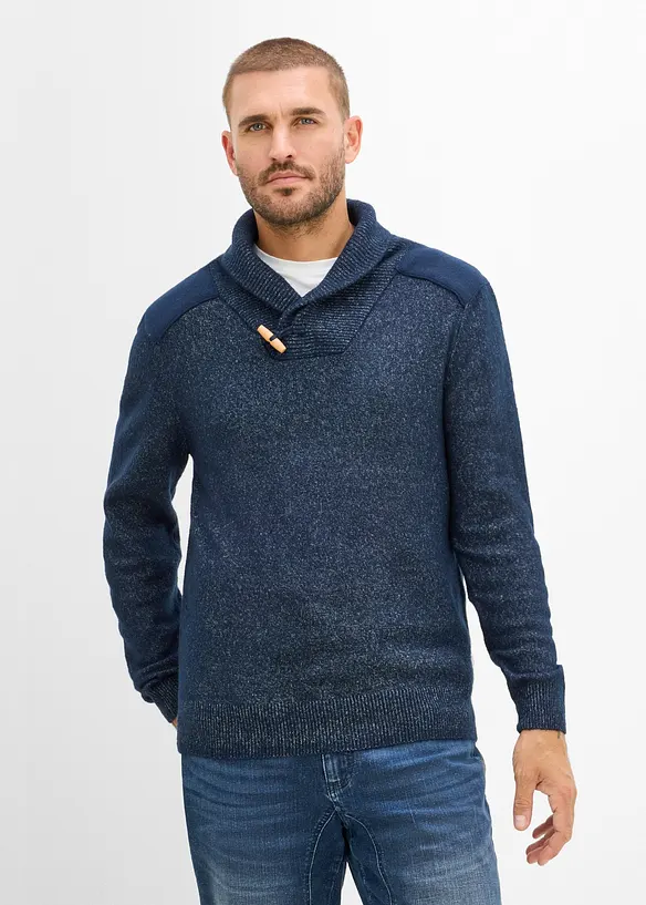 Feinstrickpullover mit Schalkragen in blau von vorne (im Anschnitt) - bonprix