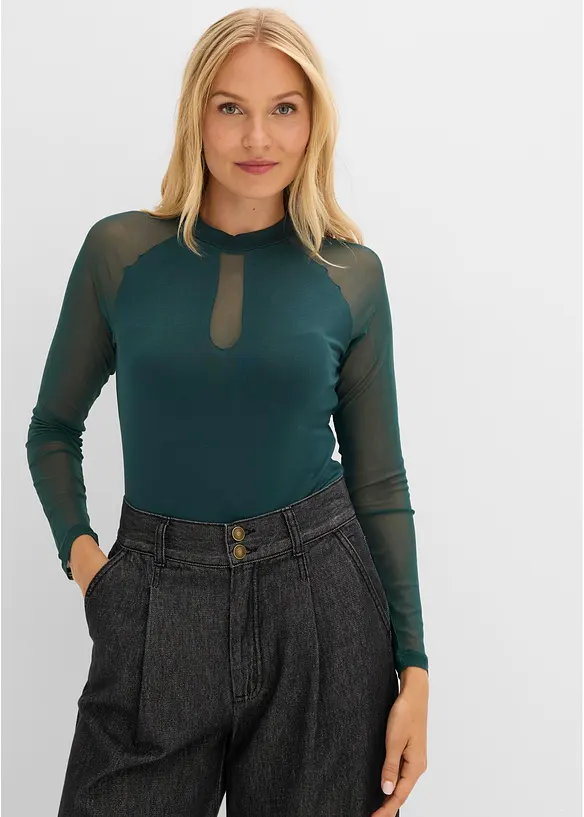 Langarmshirt aus softem Viskose-Mis in grün von vorne (im Anschnitt) - bonprix Langarmshirt aus softem Viskose-Mis in grün von vorne (im Anschnitt) - bonprix