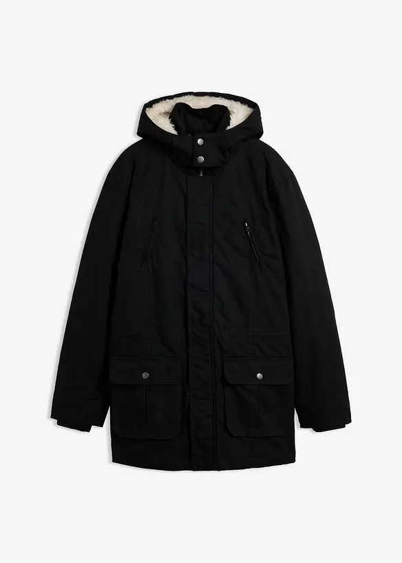 Winter-Parka mit Teddy-Kapuze in schwarz von vorne - bonprix