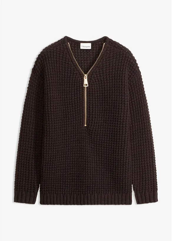 Grobstrick-Pullover mit Reißverschluss-Detail in braun von vorne - bonprix Grobstrick-Pullover mit Reißverschluss-Detail in braun von vorne - bonprix