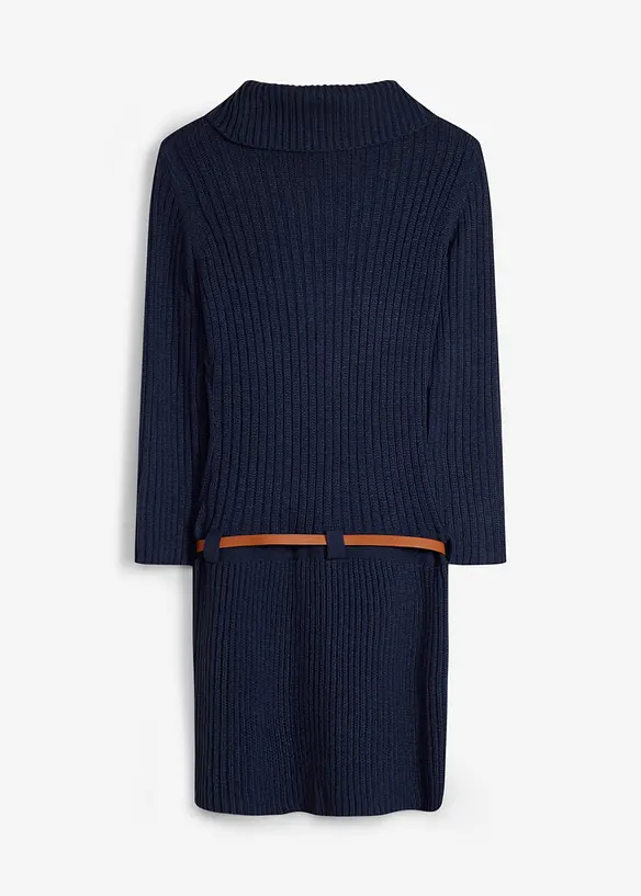 Strickkleid mit Gürtel (2-tlg. Set) in blau von hinten - bonprix