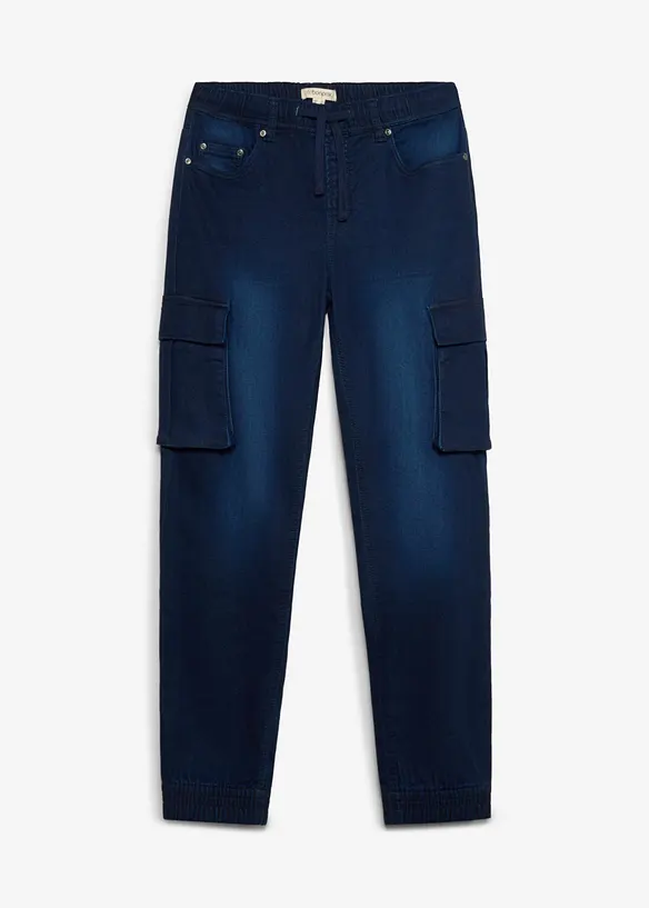 Slim-Fit Cargo-Jeans-Jogger mit Dehnbund, Straight in blau von vorne - bonprix