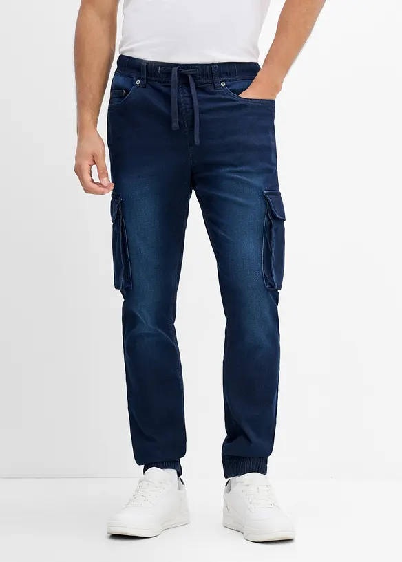Slim-Fit Cargo-Jeans-Jogger mit Dehnbund, Straight in blau von vorne - bonprix