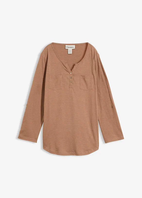 Baumwoll-Henleyshirt mit Knopfleiste in braun von vorne - bonprix