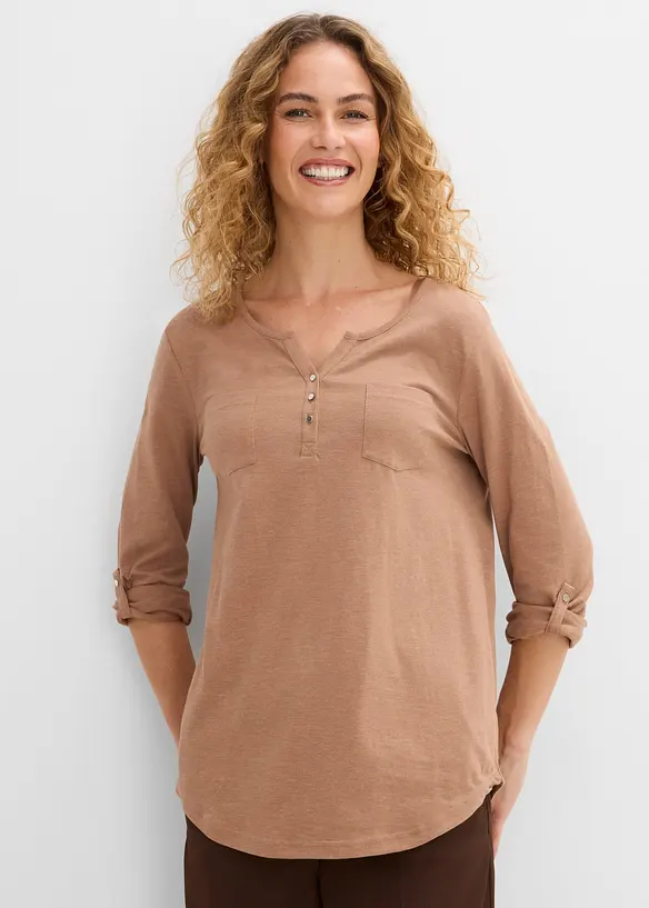 Baumwoll-Henleyshirt mit Knopfleiste in braun von vorne (im Anschnitt) - bonprix