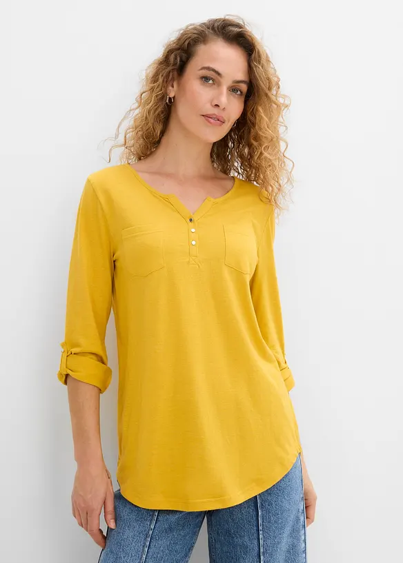 Baumwoll-Henleyshirt mit Knopfleiste in gelb von vorne (im Anschnitt) - bonprix